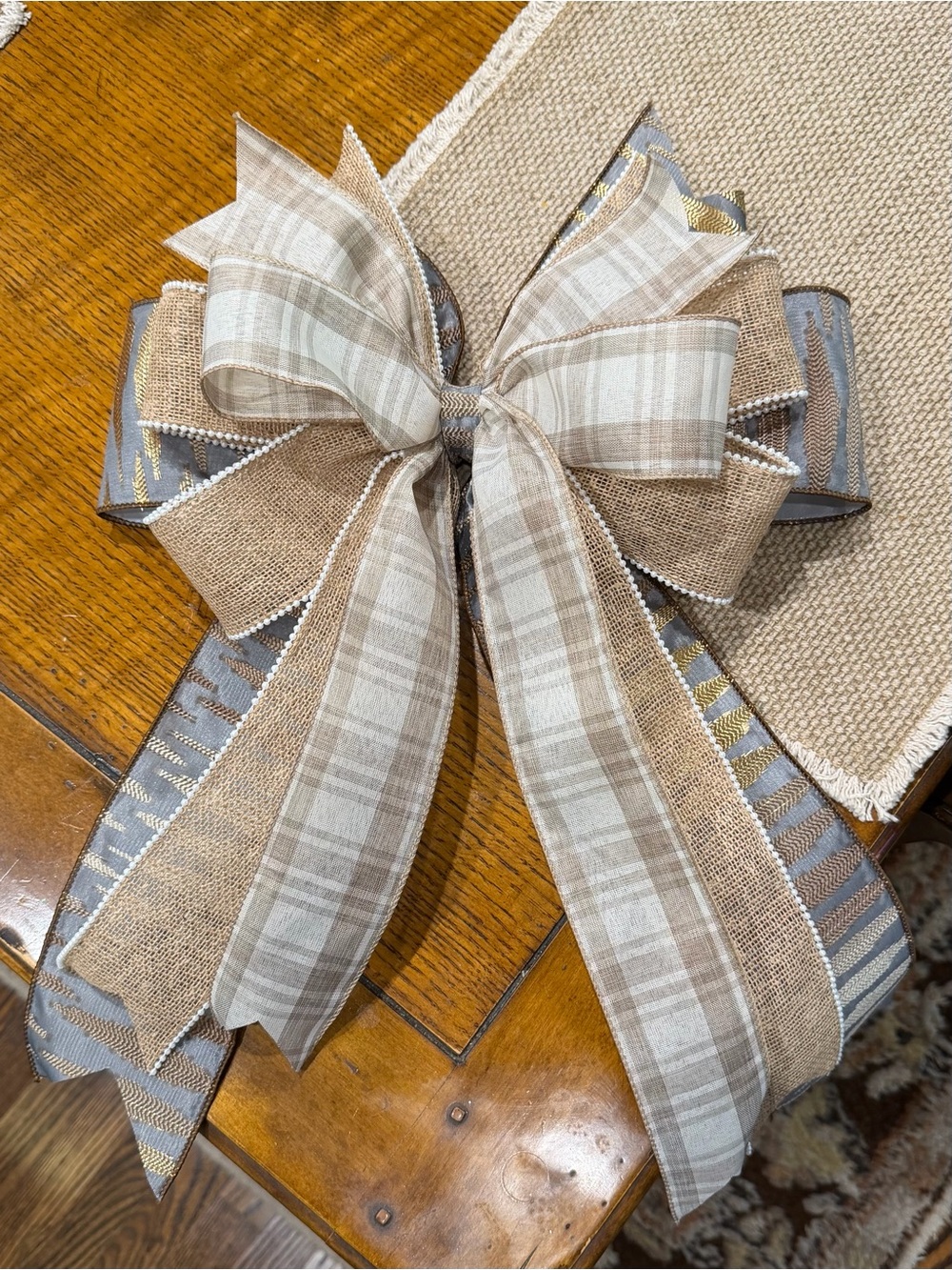 Decorative Burlap and Plaid Bow - Neutral Tan and Gray